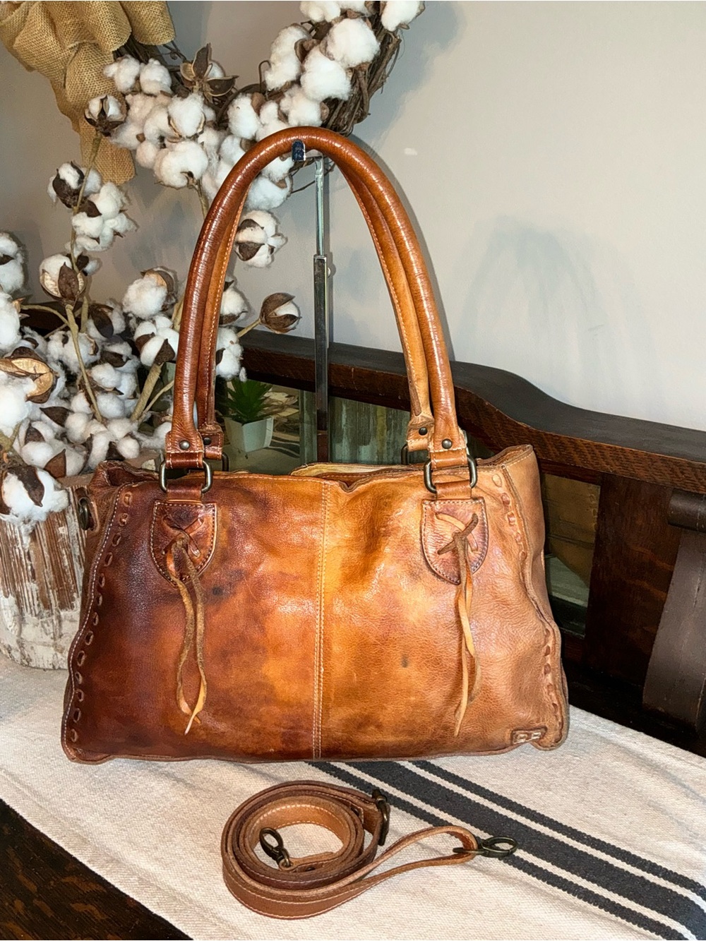 Bed Stu Rockababy Leather Satchel Shoulder Crossbody Bag Cafe Latte MSRP $315